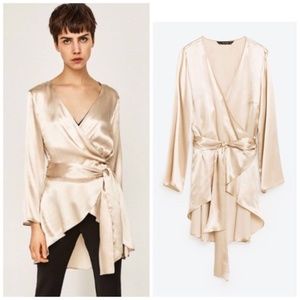 Zara Satin Champagne Silk Wrap Top in Size M